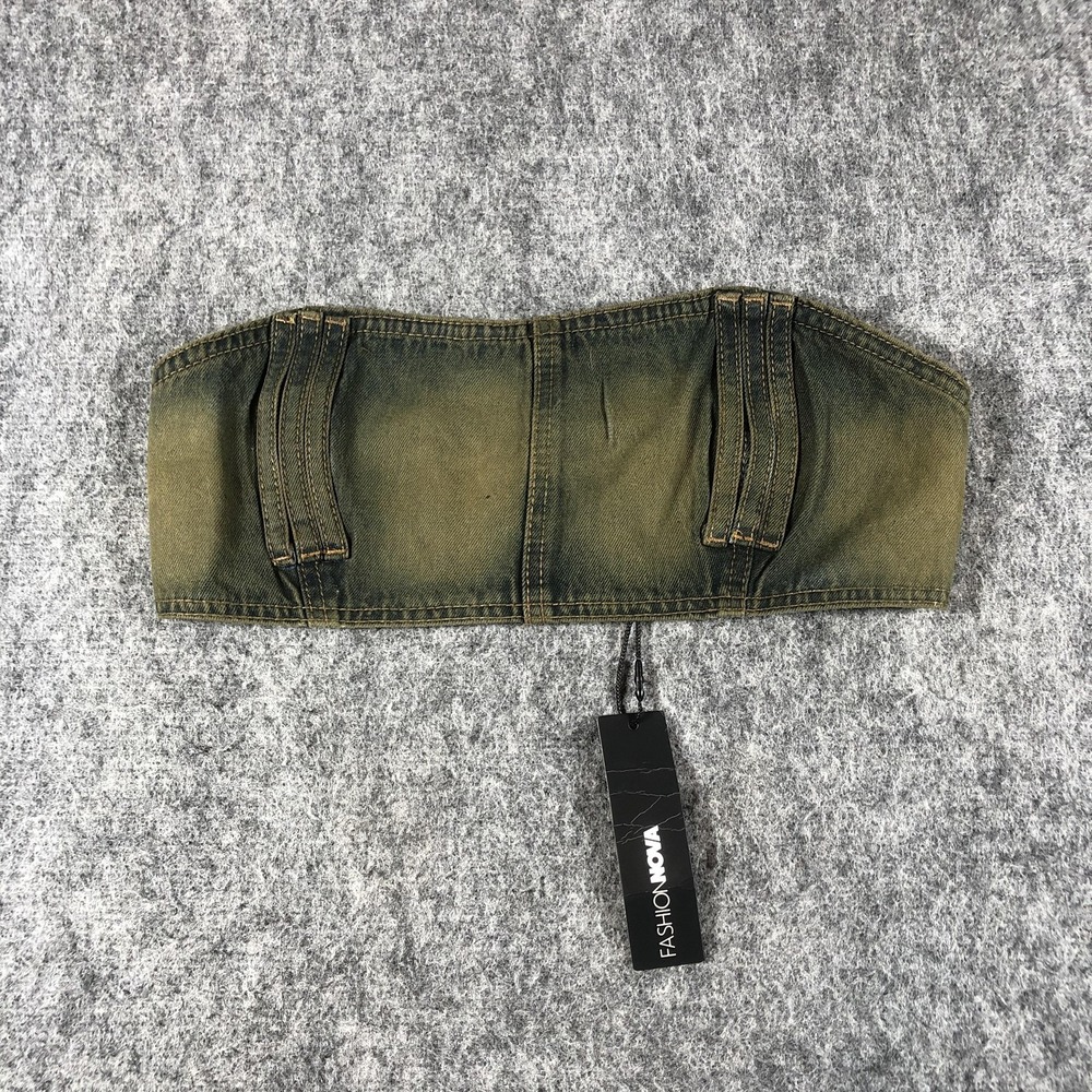 Fashion Nova Bandeau Top Womens M Olive Green‎ Coated Denim Strapless Zip